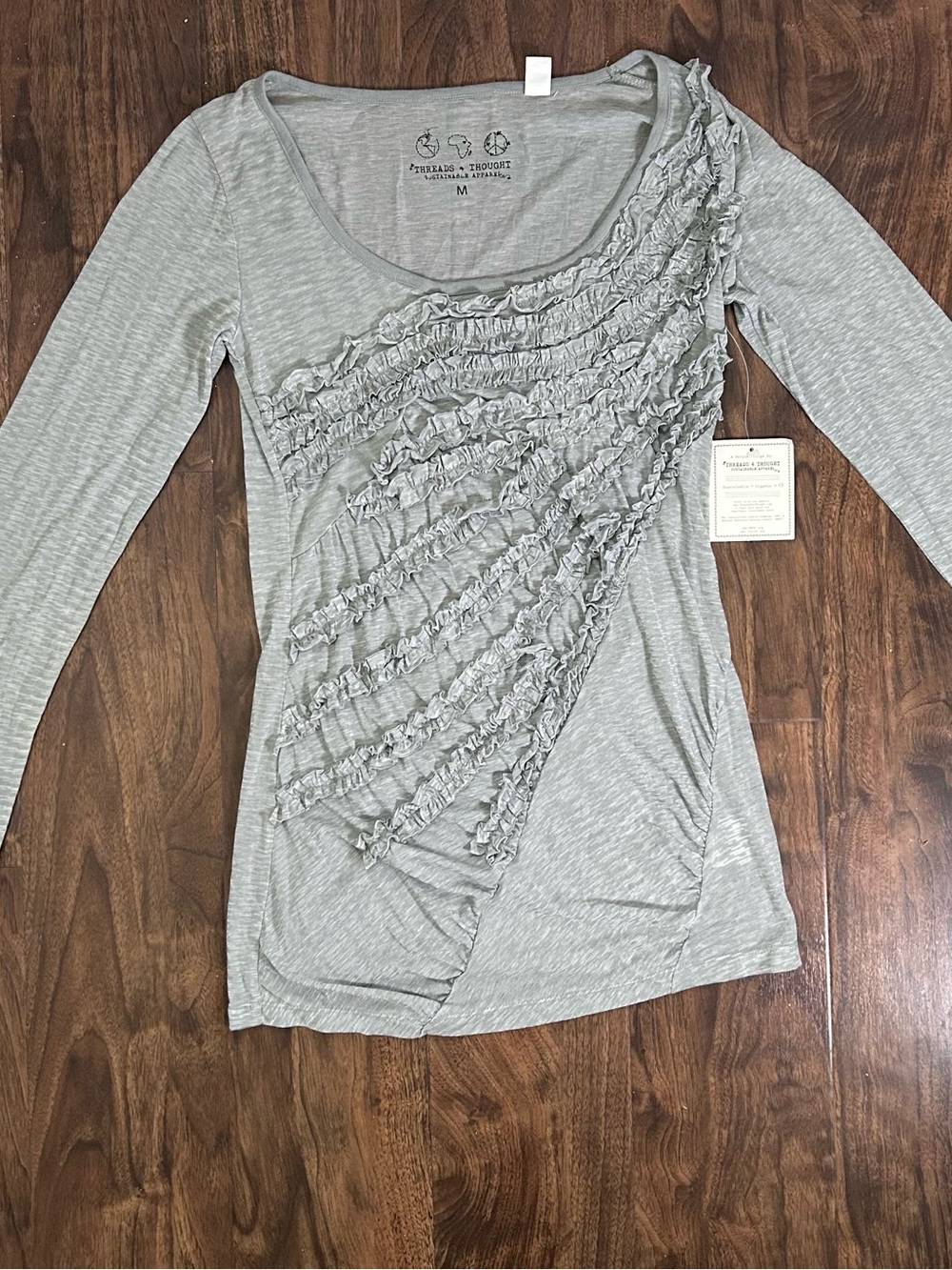 Threads 4 Thought Light Gray Ruffled Scoop-Neck Long Sleeve Top